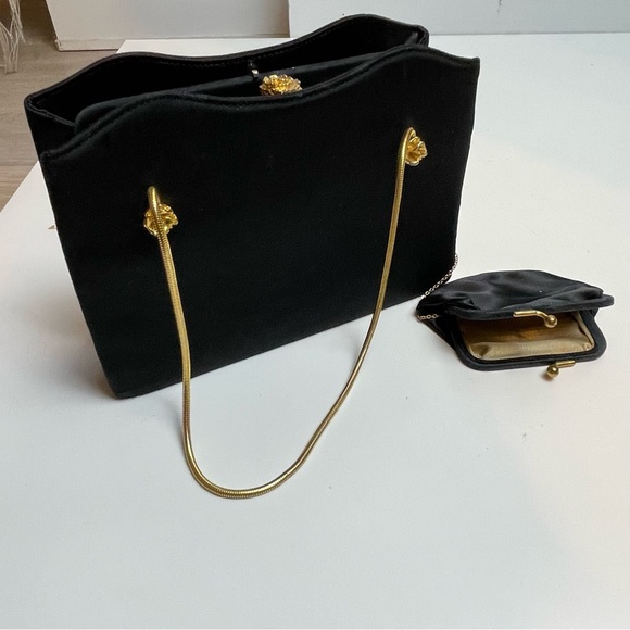 VINTAGE AFTER FIVE BY LAND M BLACK EVENING BAG PURSE Black Satin - Picture 9 of 10